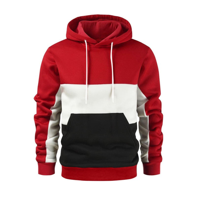 Men's Color Block Color Contrast Long Sleeve Hooded Sweatshirt (Red)