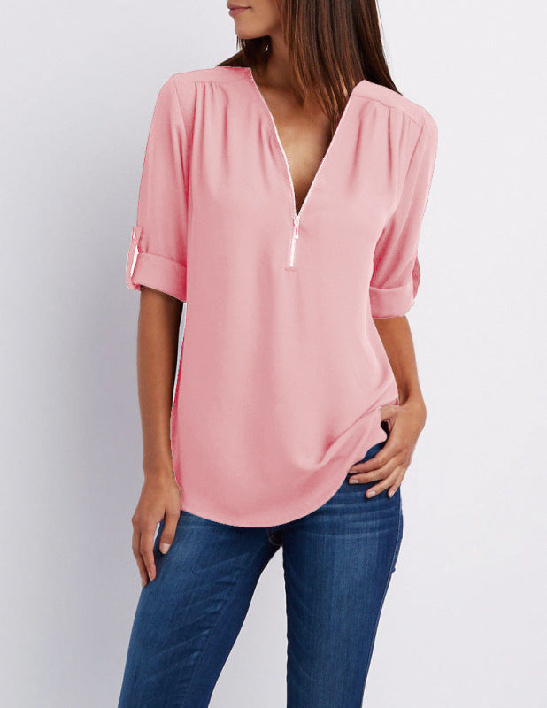 V-neck zipper large size women's long-sleeved pull-sleeve loose commuter chiffon shirt