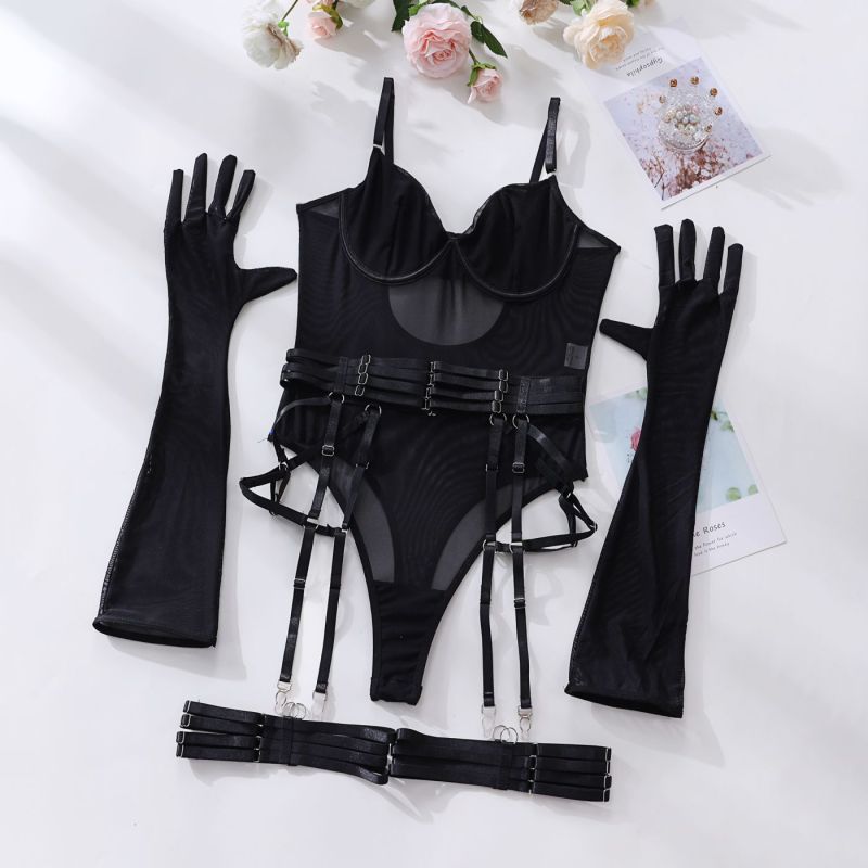 New sexy one-piece bodysuit with gloves and bandage see-through mesh sex suit