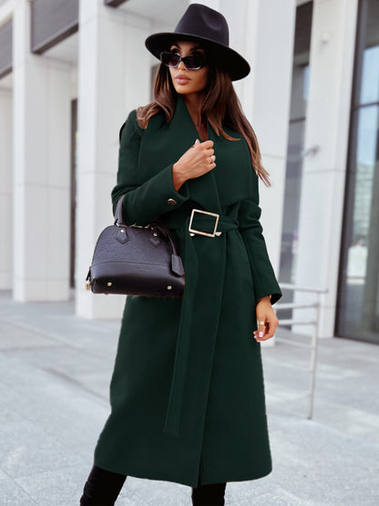 Women's long-sleeved buttoned V-neck strappy woolen coat