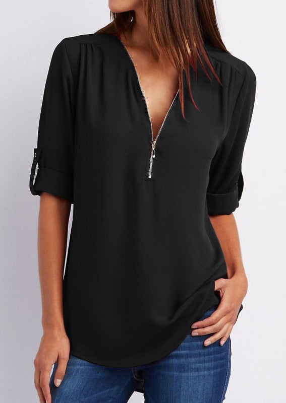 V-neck zipper large size women's long-sleeved pull-sleeve loose commuter chiffon shirt