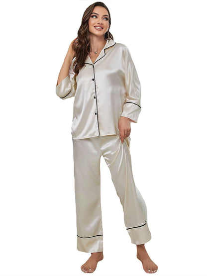 Women's color-blocking imitation silk long-sleeve pajama sets