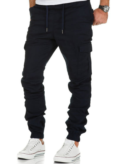 Men's Solid Color Cargo Pocket Drawstring Casual Trousers