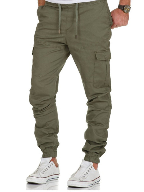 Men's Solid Color Cargo Pocket Drawstring Casual Trousers