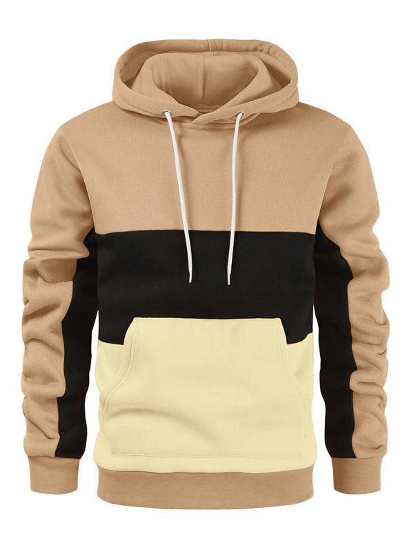 Men's Color Block Color Contrast Long Sleeve Hooded Sweatshirt (Khaki)