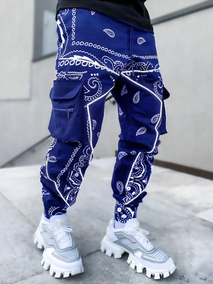 New printed cashew flower harem pants men's loose high street multi-pocket overalls