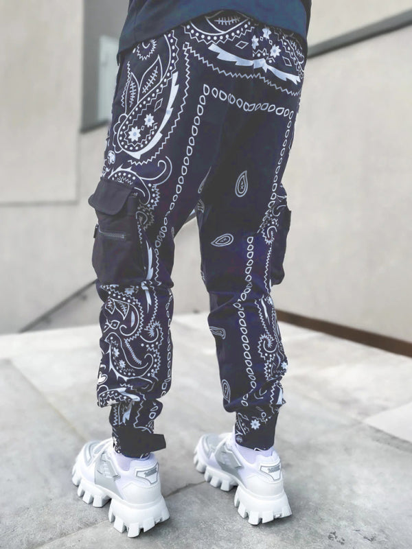 New printed cashew flower harem pants men's loose high street multi-pocket overalls