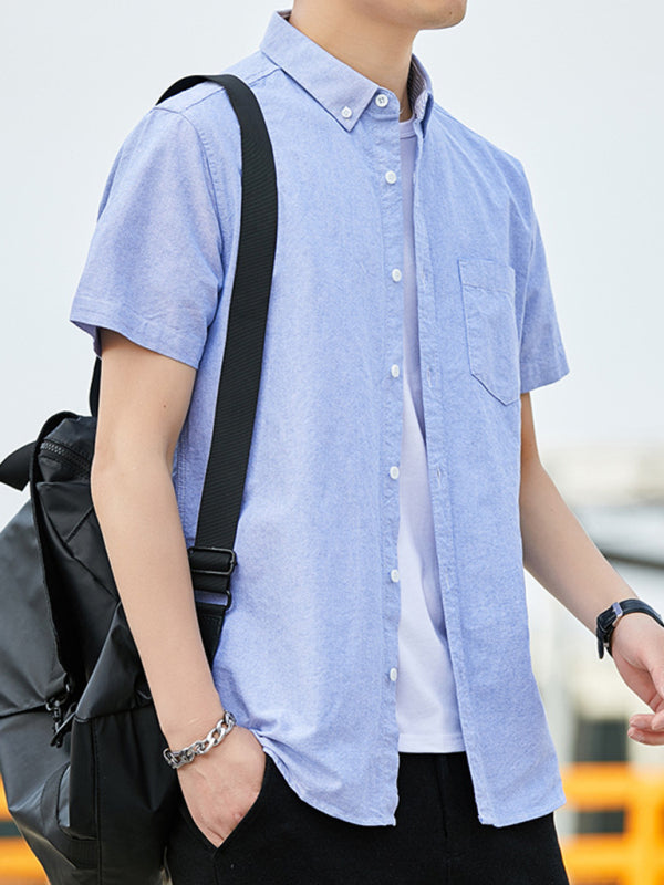Casual Oxford short-sleeved shirt youthful fashion double pockets (Blue)