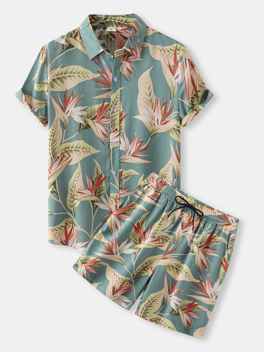 Men's Short Sleeve Shirt Chinese Style Printed Shirt Set