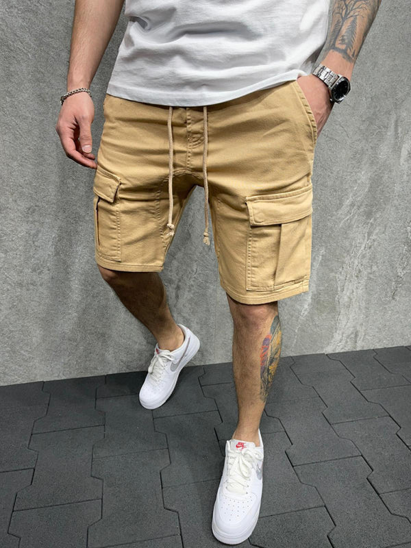 Street solid color casual five-point pants woven casual multi-pocket tether cargo shorts