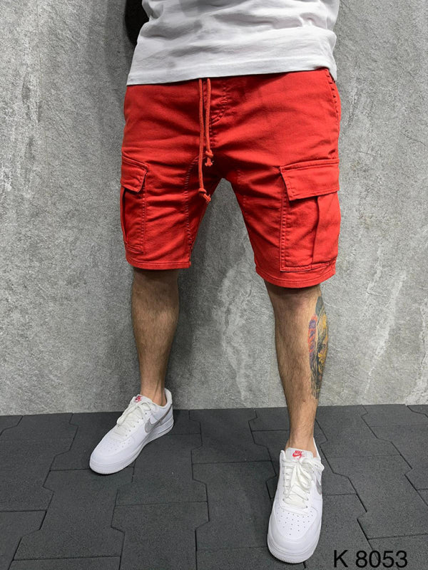 Street solid color casual five-point pants woven casual multi-pocket tether cargo shorts