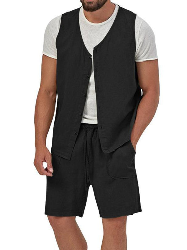 Men's two-piece vest shorts casual sleeveless cardigan suit (Black)