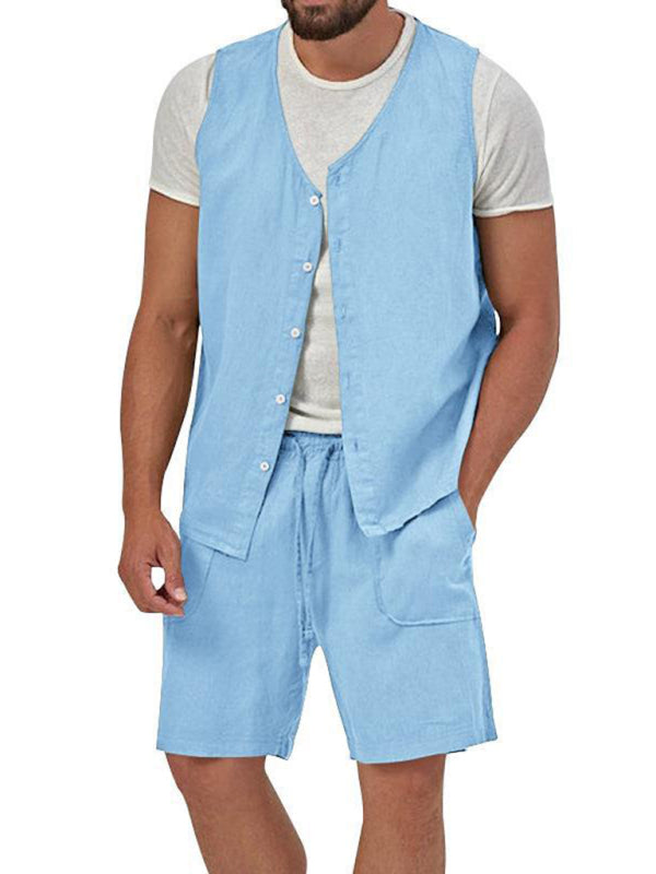 Men's two-piece vest shorts casual sleeveless cardigan suit