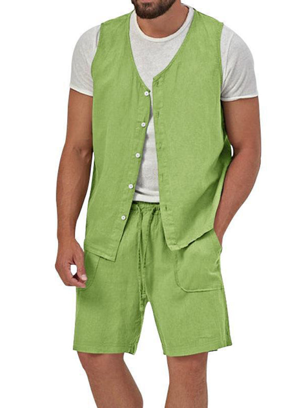 Men's two-piece vest shorts casual sleeveless cardigan suit (Pale Green)