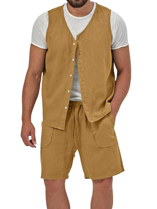Men's two-piece vest shorts casual sleeveless cardigan suit (Earth Yellow)