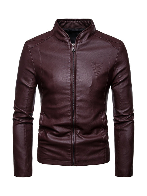 Men's motorcycle zipper stand collar leather jacket (Wine Red)
