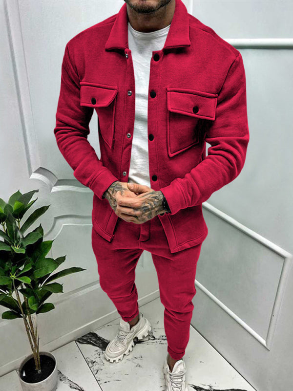 Men's new long-sleeved trousers single-breasted jacket solid color slim two-piece set (Red)