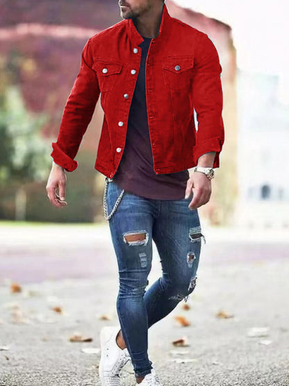 Men's new long-sleeved casual slim jacket multi-pocket button denim jacket