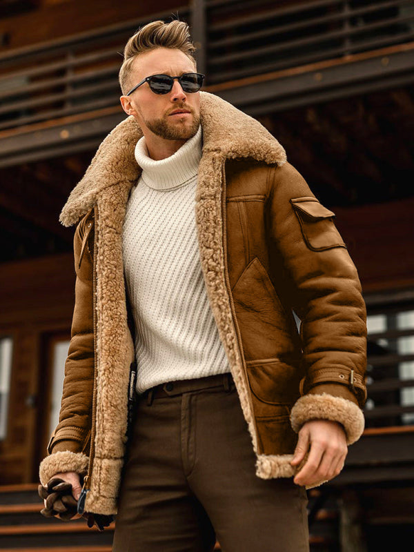 Men's fur one-piece thickened mid-length jacket