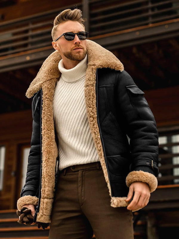 Men's fur one-piece thickened mid-length jacket (Black)