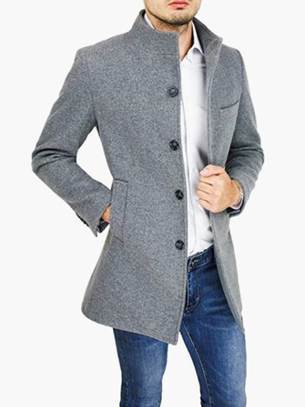 Men's slim woolen coat with stand collar (Grey)