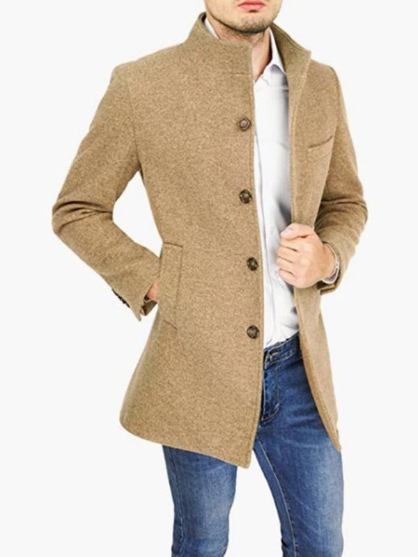 Men's slim woolen coat with stand collar (Khaki)
