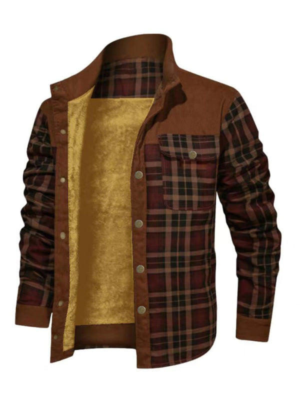Men's thickened corduroy and velvet long-sleeved plaid patchwork jacket