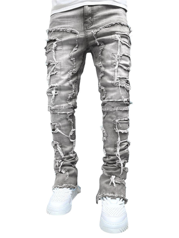 Men's new stretch patch denim straight pants (Grey)