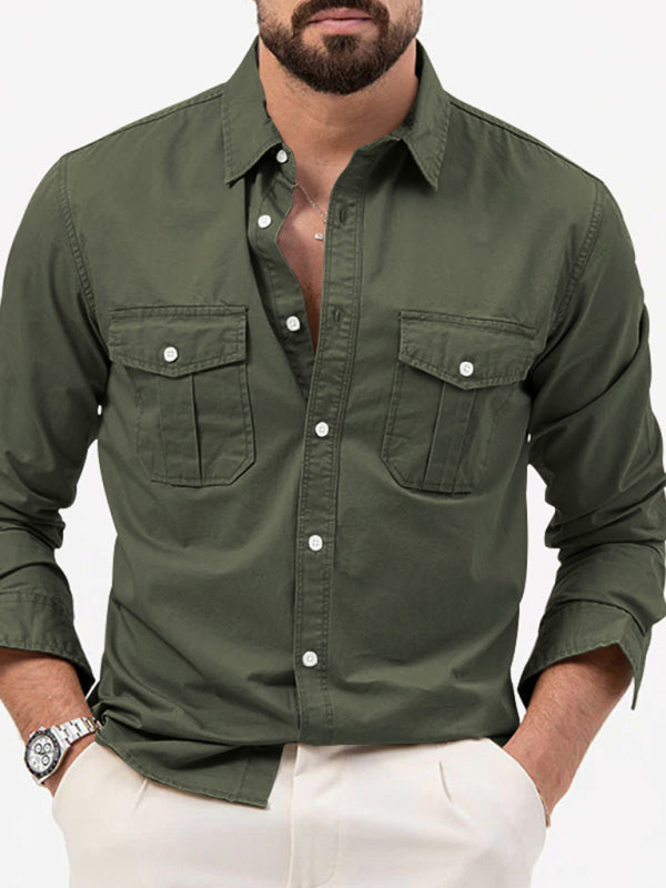 Men's new multi-pocket casual long-sleeved shirt top