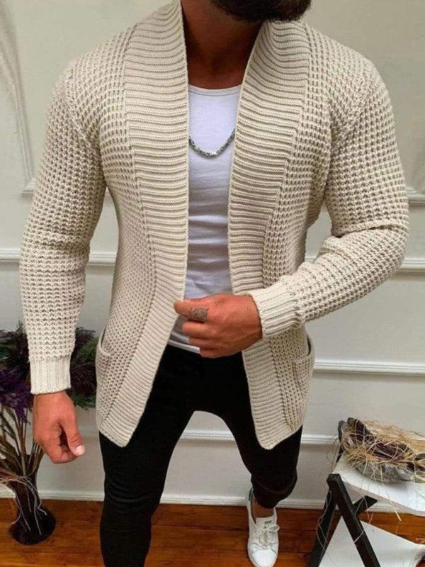 Men's new solid color loose casual knitted cardigan (Cream)