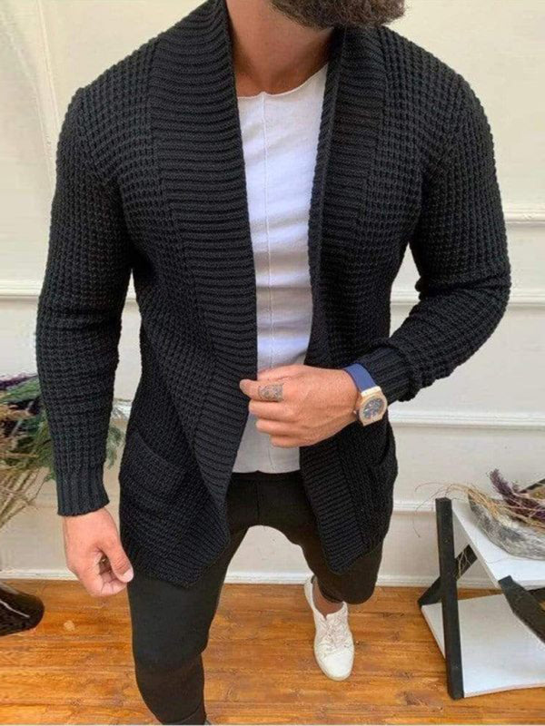 Men's new solid color loose casual knitted cardigan (Black)