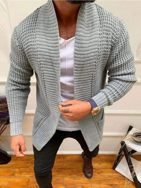 Men's new solid color loose casual knitted cardigan (Grey)