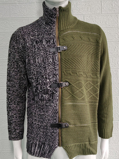 Men's high -necked color skin buckle long -sleeved knit sweater cardigan