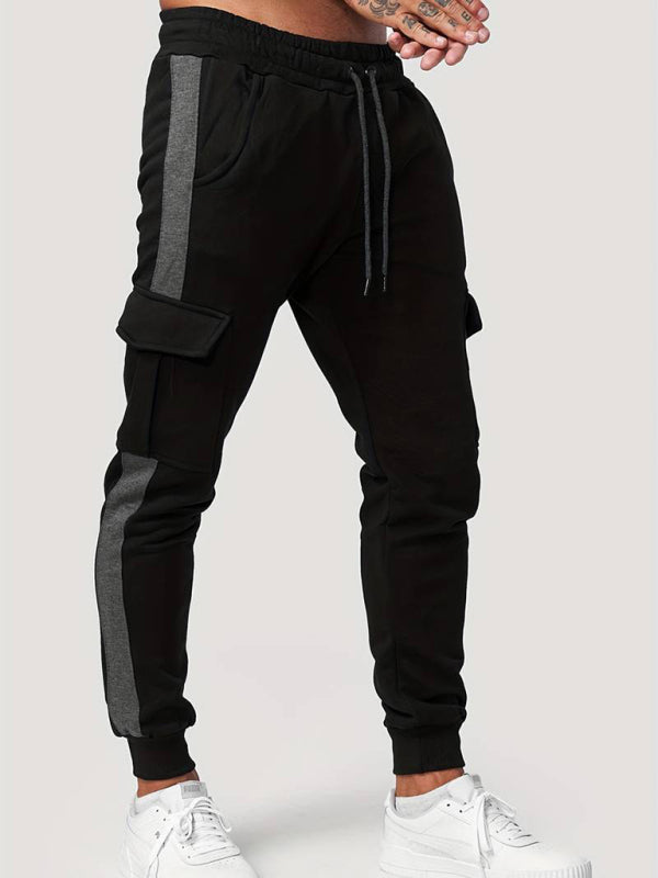 Men's athleisure multi-pocket velvet color-blocked cargo sweatpants
