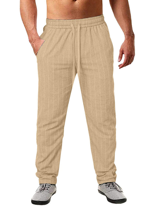 Men's vertical striped lace-up elastic waist beach pants casual trousers