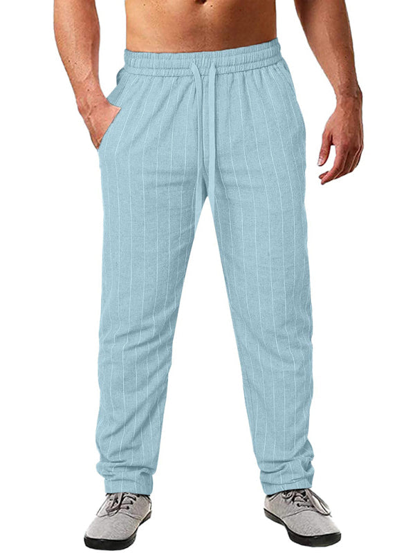 Men's vertical striped lace-up elastic waist beach pants casual trousers (Sky Blue Azure)