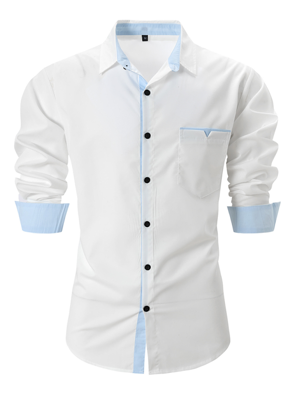 Casual lapel contrast color long sleeve shirt (White)