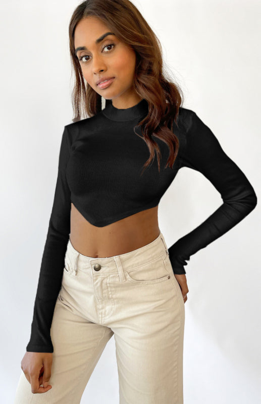 Monochrome Sexy Halter Top With Half-High Neck And Long Sleeves