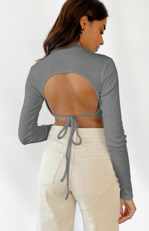 Monochrome Sexy Halter Top With Half-High Neck And Long Sleeves