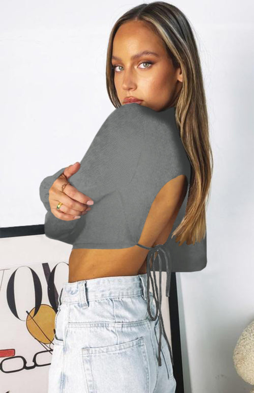 Monochrome Sexy Halter Top With Half-High Neck And Long Sleeves