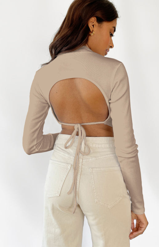Monochrome Sexy Halter Top With Half-High Neck And Long Sleeves