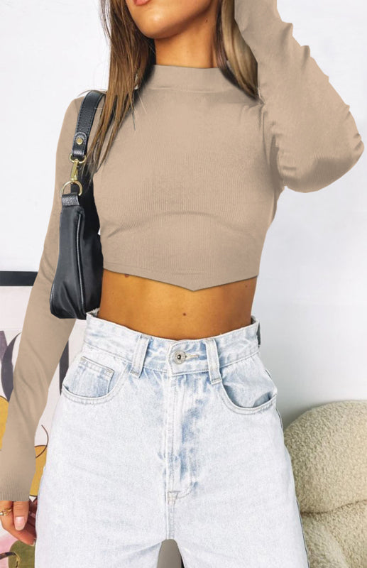 Monochrome Sexy Halter Top With Half-High Neck And Long Sleeves