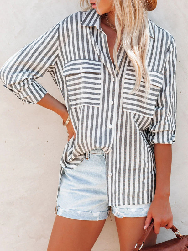 Women's Linen Cotton Washed Water Stripe Single Breasted Long Sleeve Shirt Women