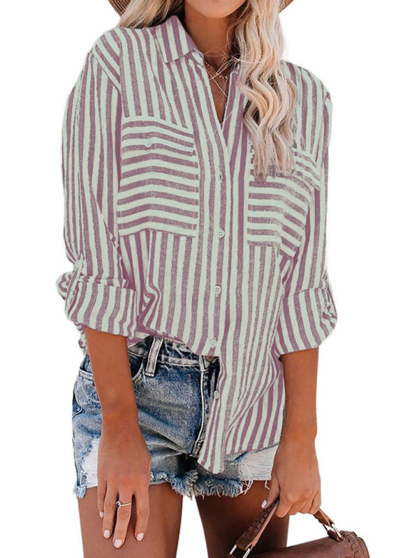 Women's Linen Cotton Washed Water Stripe Single Breasted Long Sleeve Shirt Women
