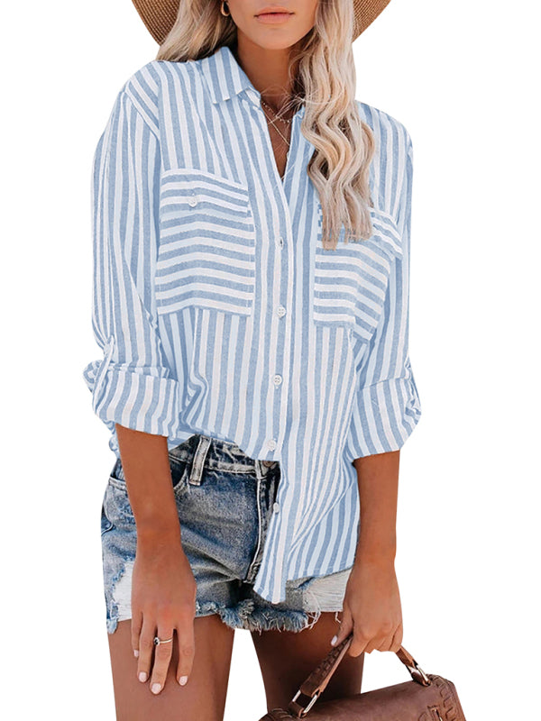 Women's Linen Cotton Washed Water Stripe Single Breasted Long Sleeve Shirt Women