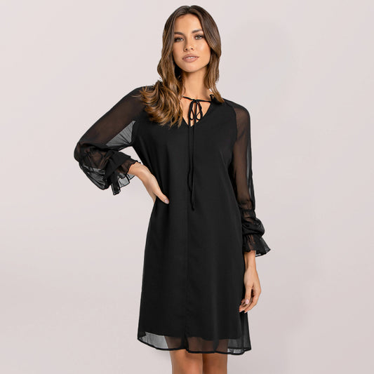 Women's loose flare sleeve solid color hollow out dress
