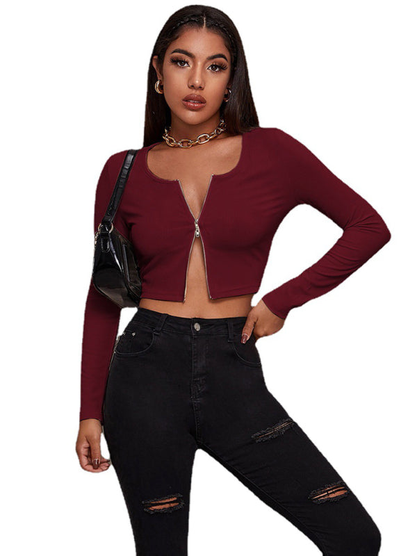 Women's retro tight sexy zipper long sleeve top