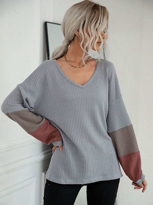 Autumn Colorblock Long Sleeve Grey V-Neck Knit Sweater