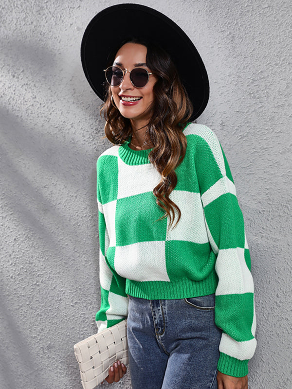 Women's chessboard checkered shoulder long sleeve short loose knit sweater