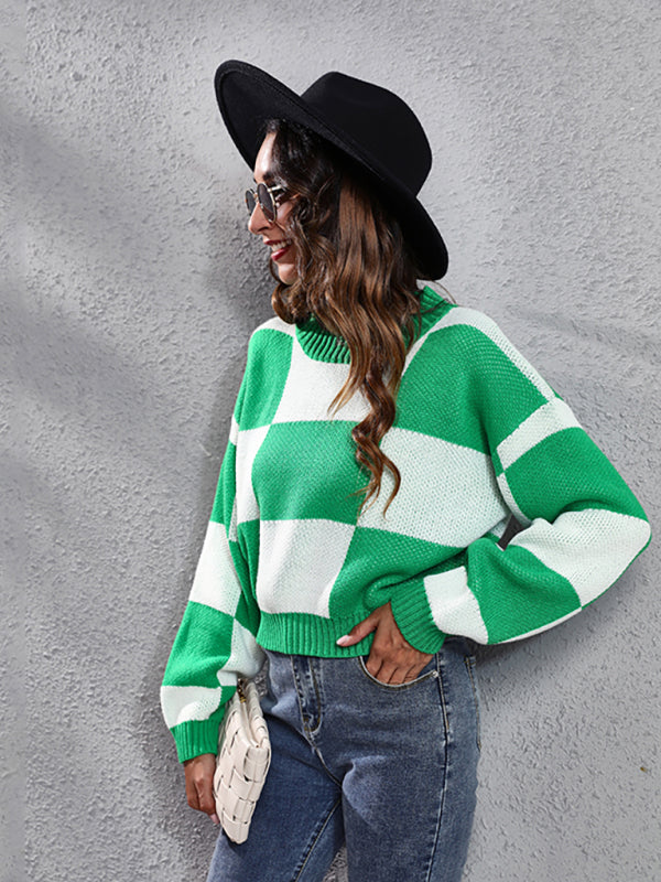 Women's chessboard checkered shoulder long sleeve short loose knit sweater